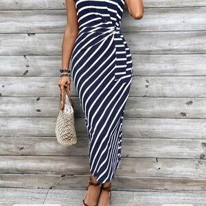 Elegant Striped Navy and White Maxi Dress